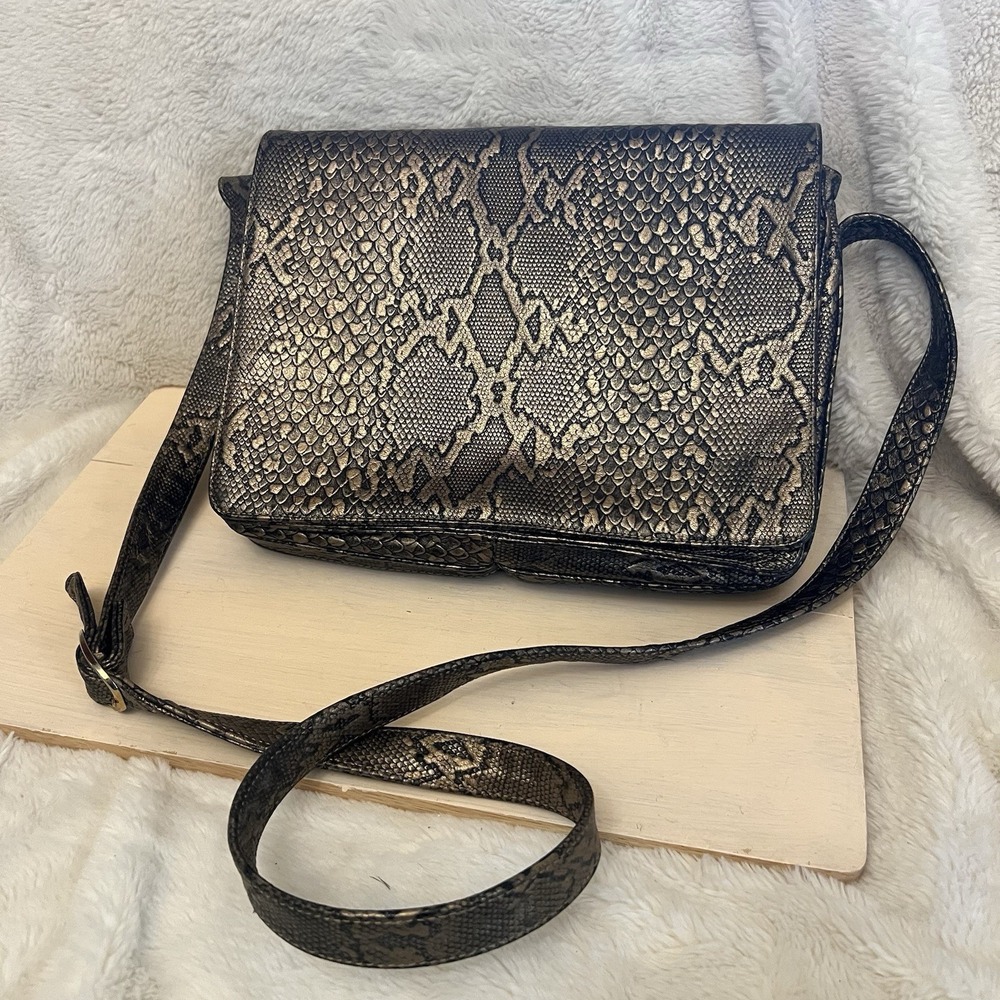 Pinky Crossbody Bag Vintage Women Handbag Brown Leather Snakeskin Textured Purse